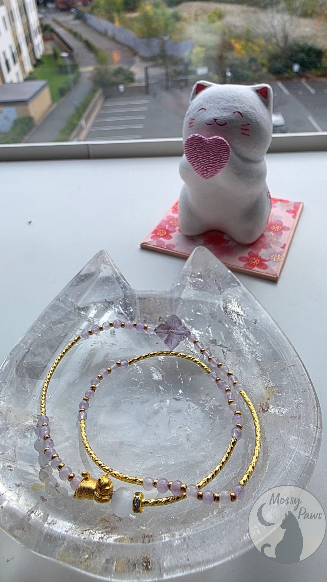 Amethyst Floral × Purple Jade × White Cat’s Eye Crystal Bracelet – Handmade