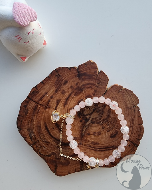 Rose Quartz × Clear Quartz Crystal Bracelet – Handmade