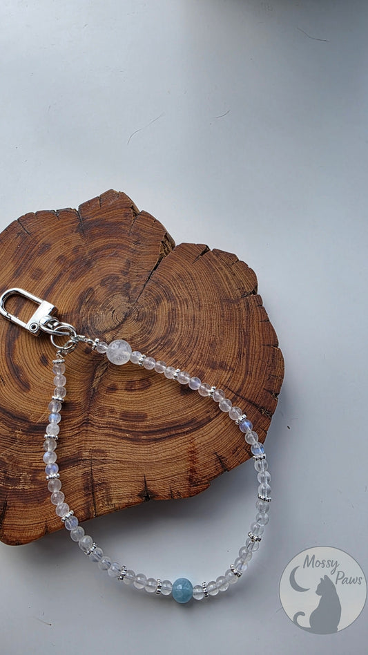 White Moonstone × Aquamarine Crystal Phone Strap – Handmade