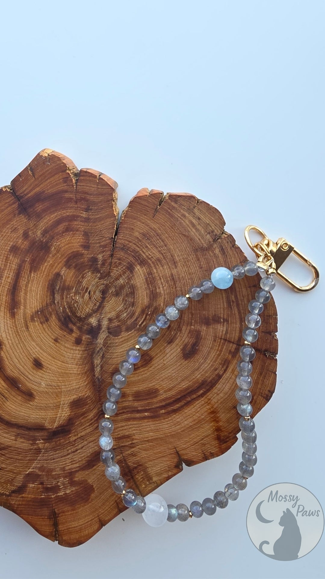 Grey Moonstone × White Moonstone × Aquamarine Crystal Phone Strap – Handmade