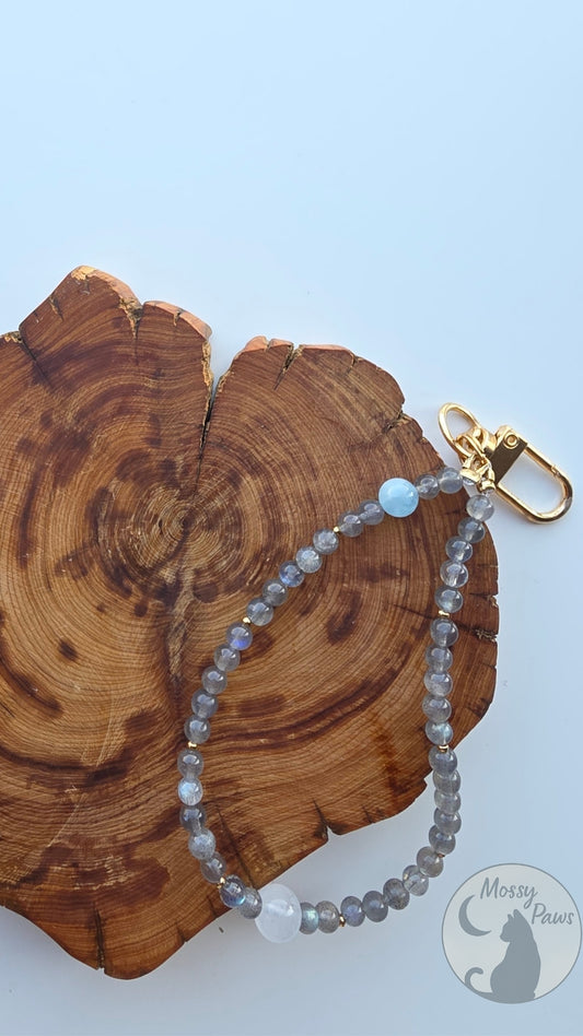 Grey Moonstone × White Moonstone × Aquamarine Crystal Phone Strap – Handmade