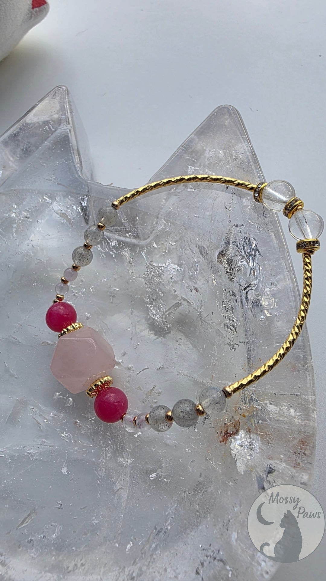 Rose Quartz × Rhodonite × Grey Moonstone Bracelet – Handmade