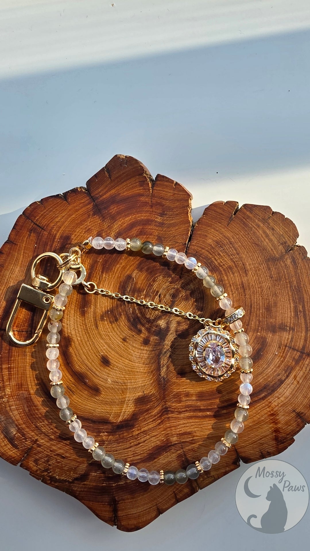 White Moonstone × Green Rutilated Quartz Phone Strap – Handmade