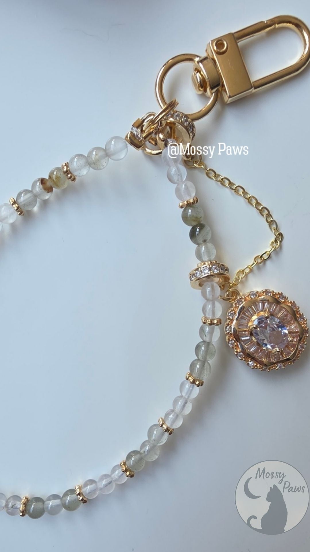 White Moonstone × Green Rutilated Quartz Phone Strap – Handmade