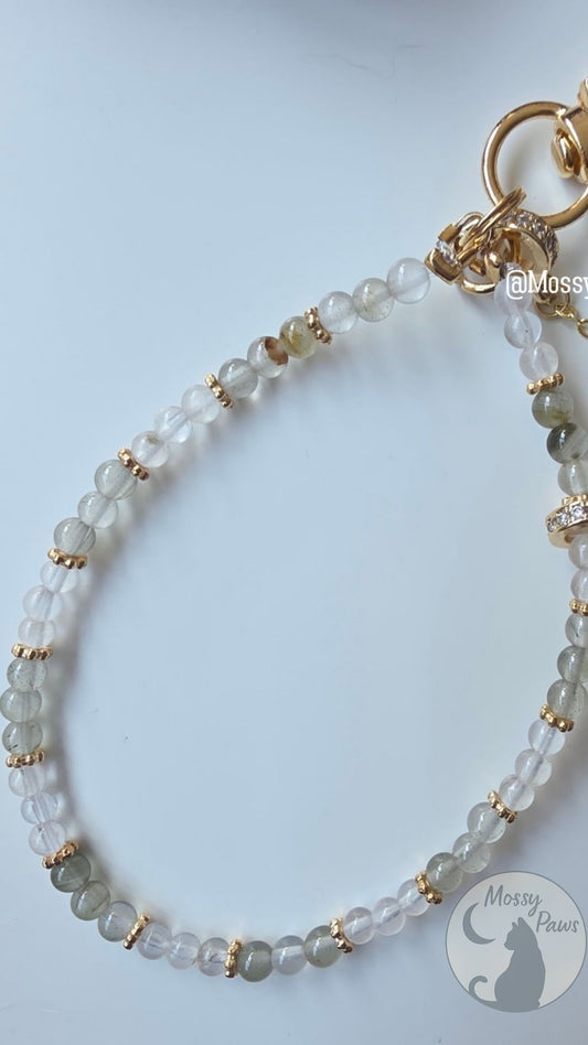 White Moonstone × Green Rutilated Quartz Phone Strap – Handmade
